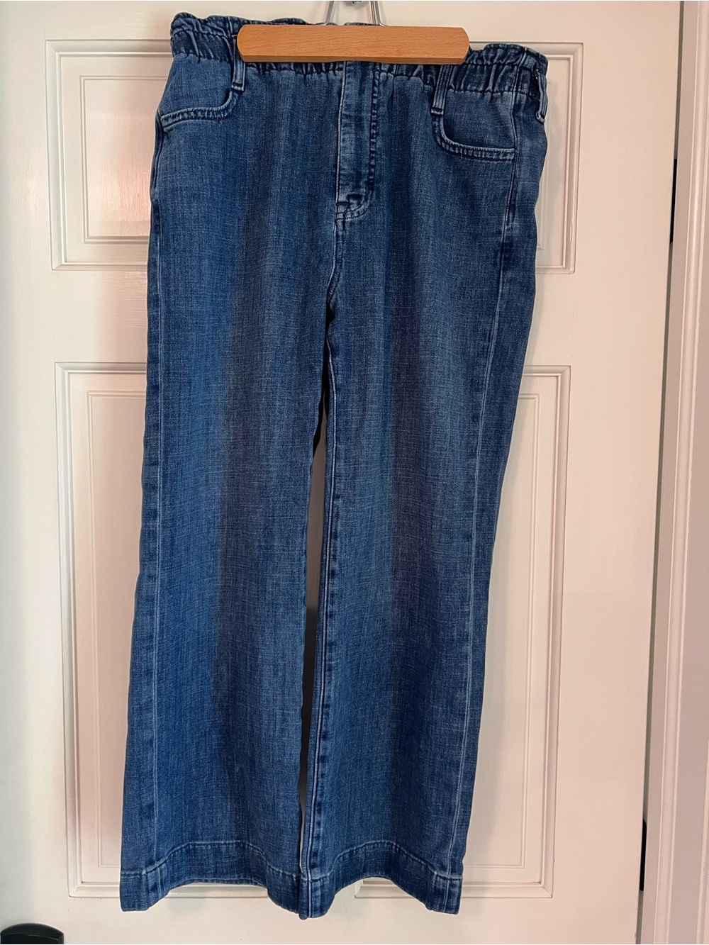 J. Crew Wide Leg Denim Jeans Medium Wash Elastic Waist Size 29 Comfortable Chic